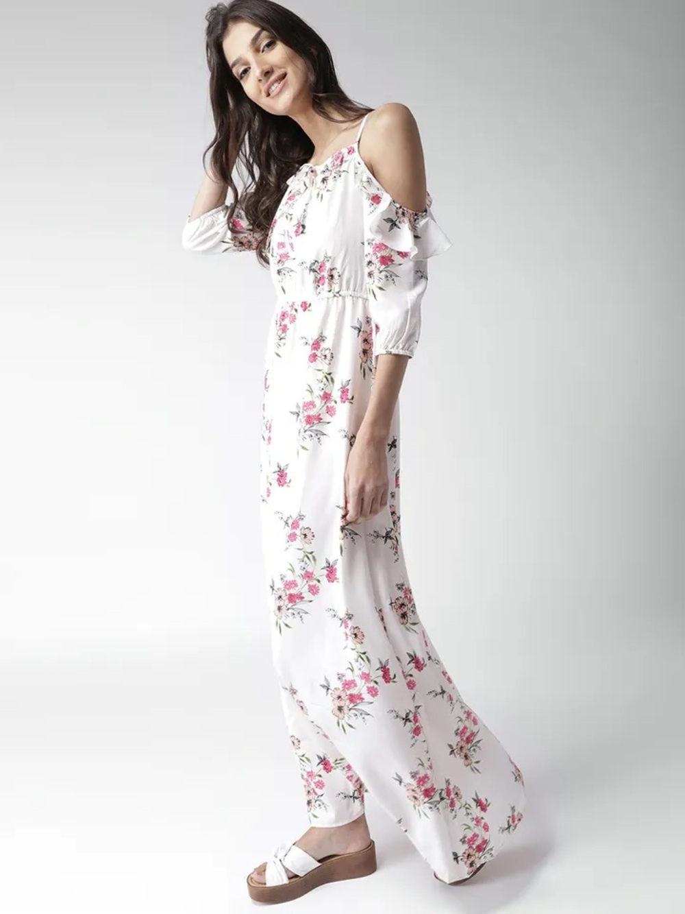 Mast & Harbour 17” PTP Floral Cold-Shoulder Maxi Dress, White/Pink, Size Medium. - Picture 3 of 15